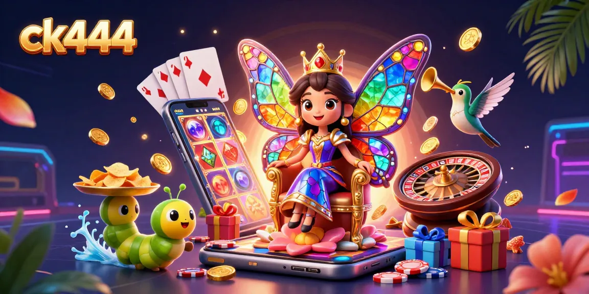 Experience the vibrant world of ck444 casino with a dazzling butterfly queen amidst exciting gaming elements.