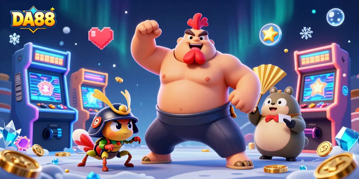 Engage in exciting games at DA88 with a dynamic scene featuring unique characters in a vibrant casino.