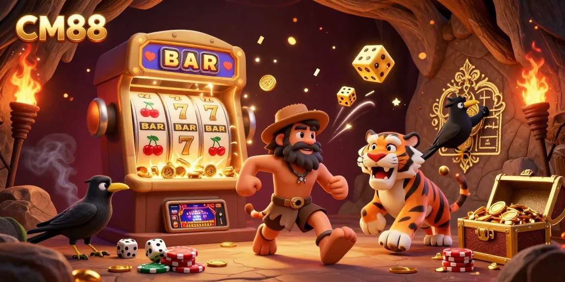 Experience lively casino gaming with CM88 featuring a caveman, sabertooth tiger, and crow in a vibrant 3D scene.
