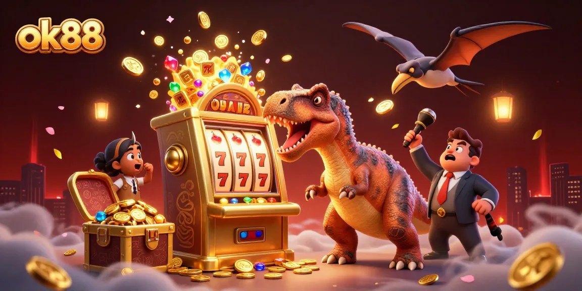 Dynamic ok88 gaming scene with a dinosaur hitting a slot machine for jackpots and gold coins.
