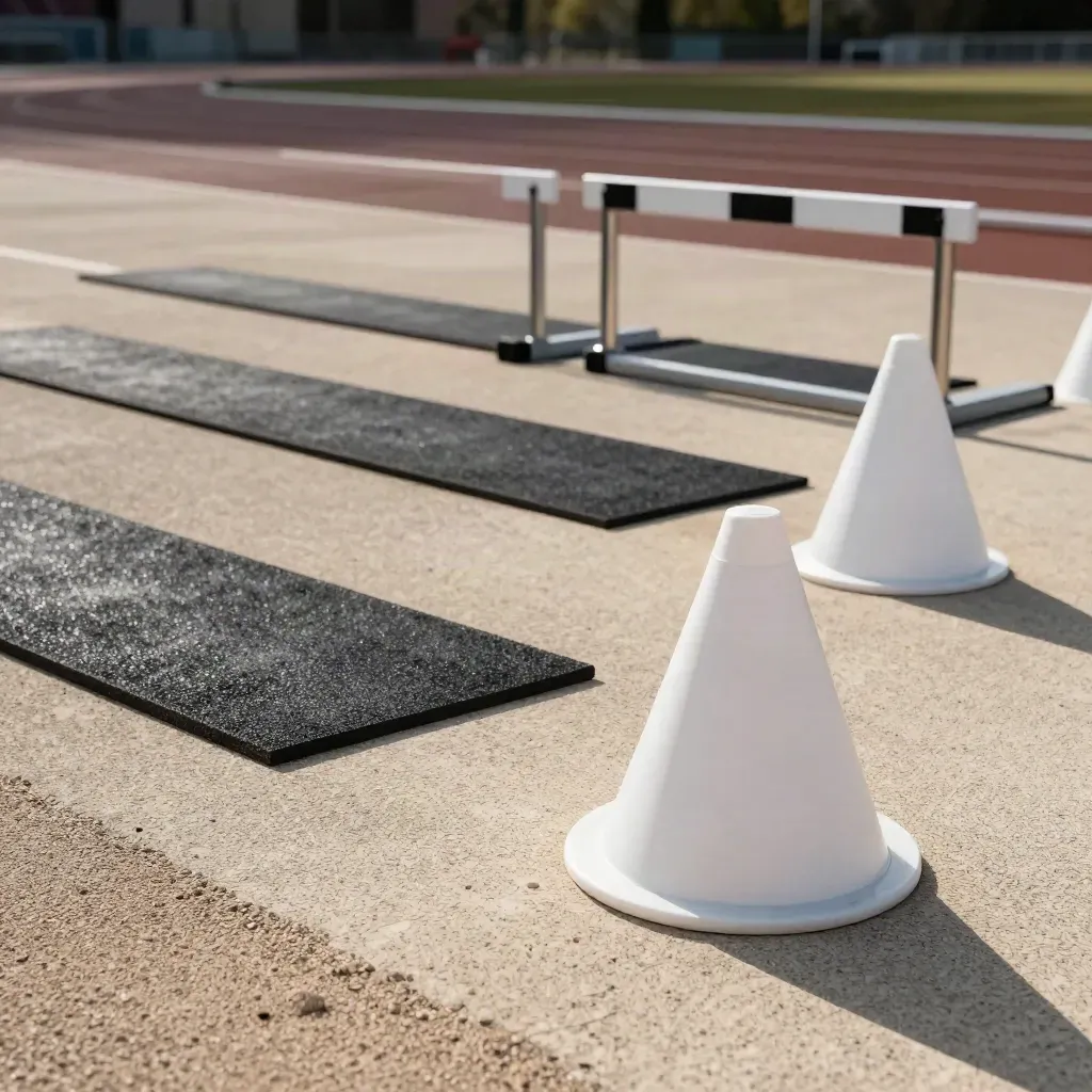 Coni di accelerazione e mini ostacoli su pista, ripresi dall’alto in stile editoriale.