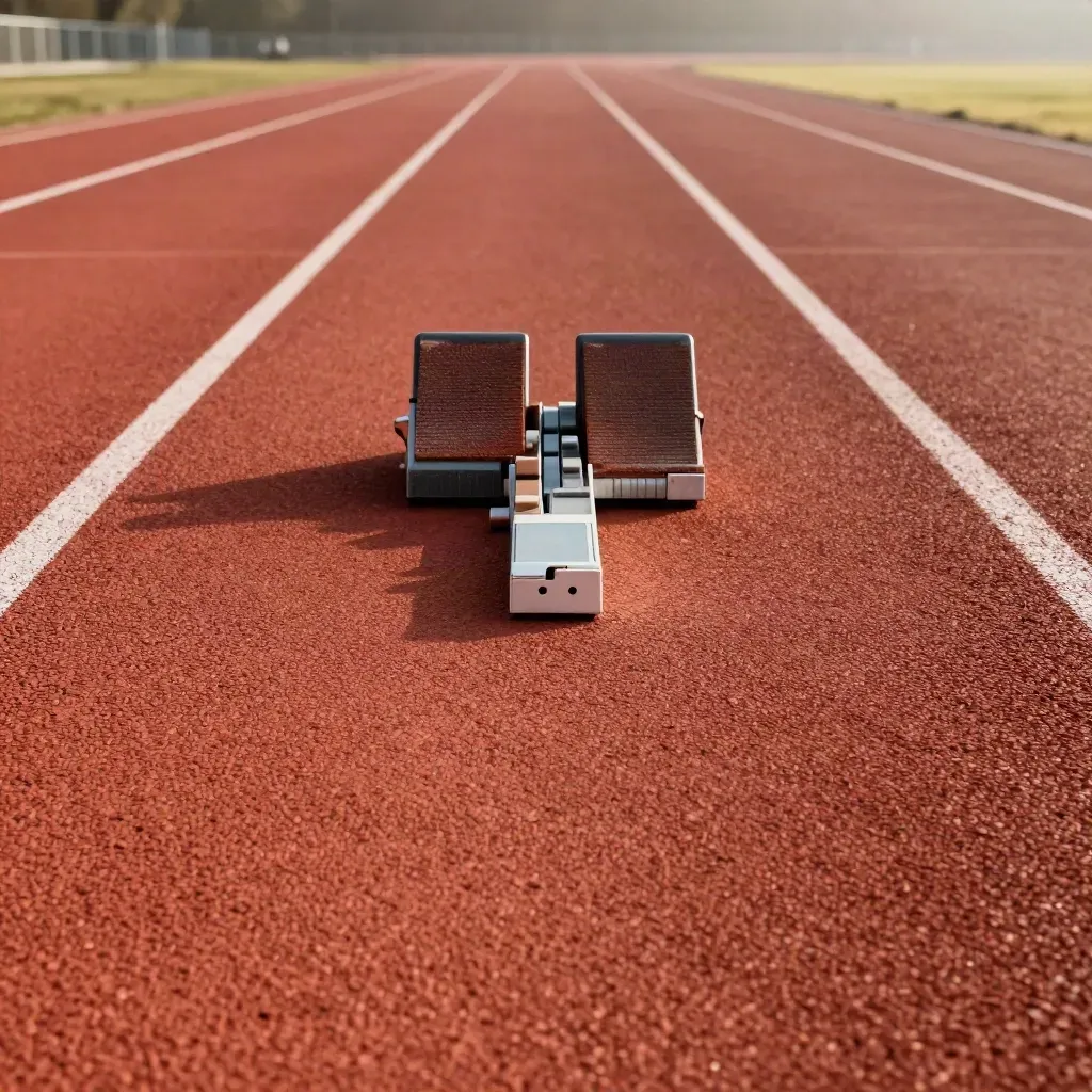 Dettaglio ravvicinato di pista d’atletica con blocco di partenza e corsia nella nebbia mattutina