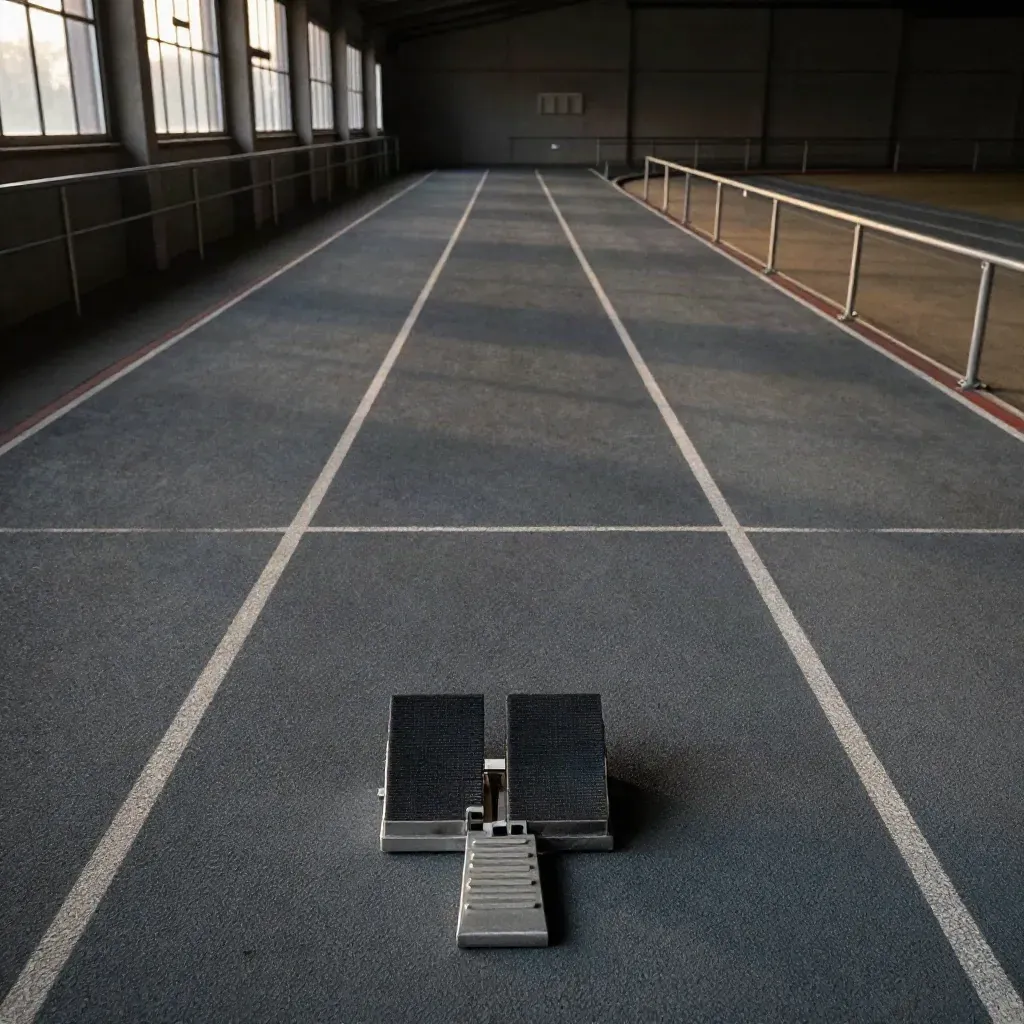 Corsia indoor di sprint con blocchi, segni di gesso e luce calda al tramonto.