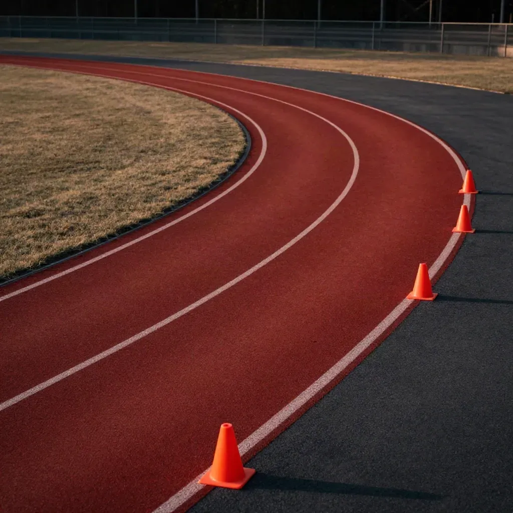 Curva della pista con coni e luce del tramonto, atmosfera cinematografica e veloce.