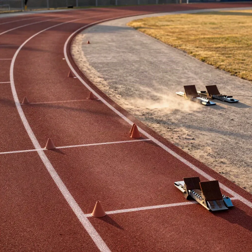 Pista di atletica con coni distanziati, corsia di recupero e blocchi vicino alla curva.