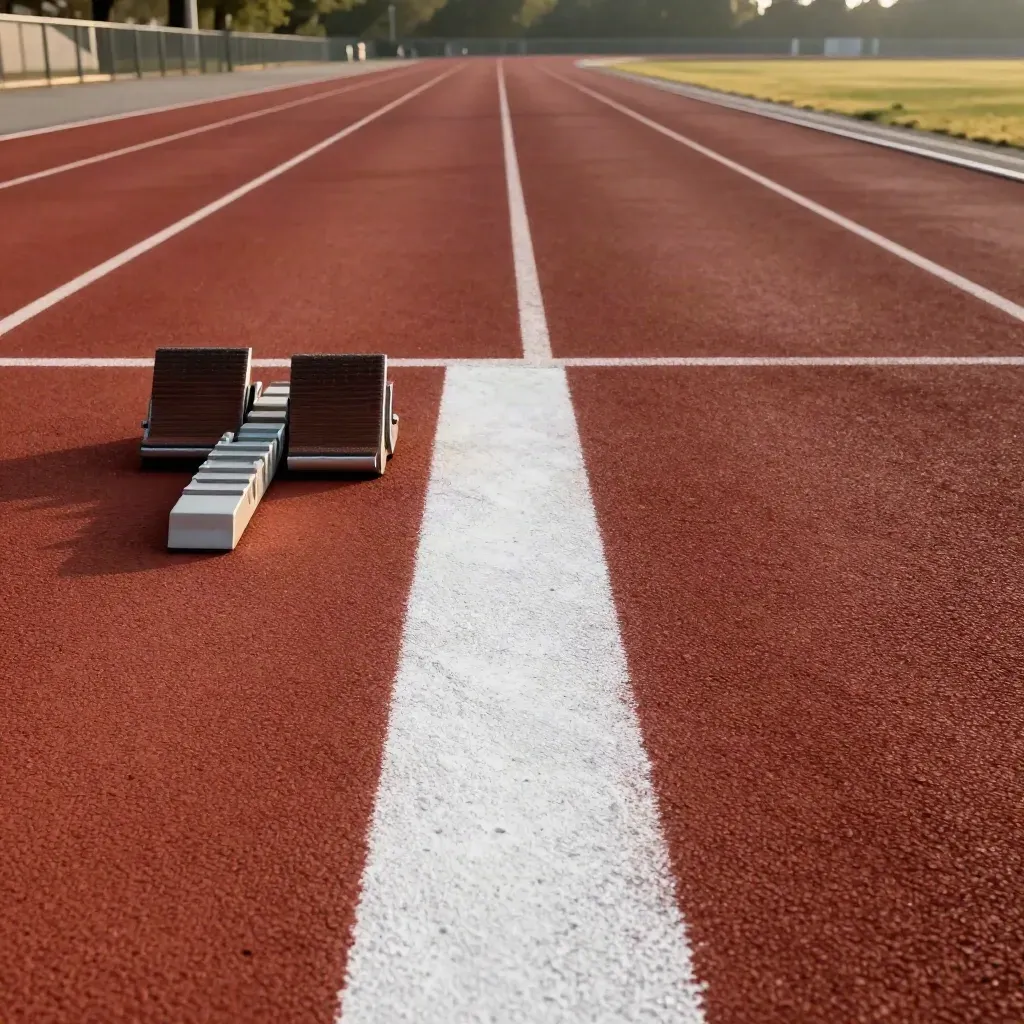Pista vuota con blocchi di partenza e traguardo bianco nella foschia estiva