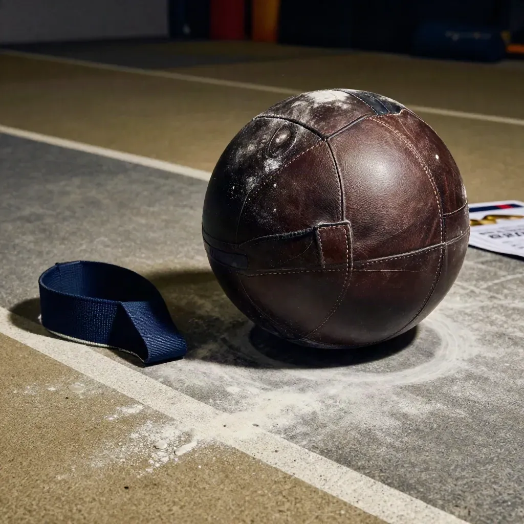 Palla medica, cinghia per slitta e bordo pliometrico gessato in una palestra atletica