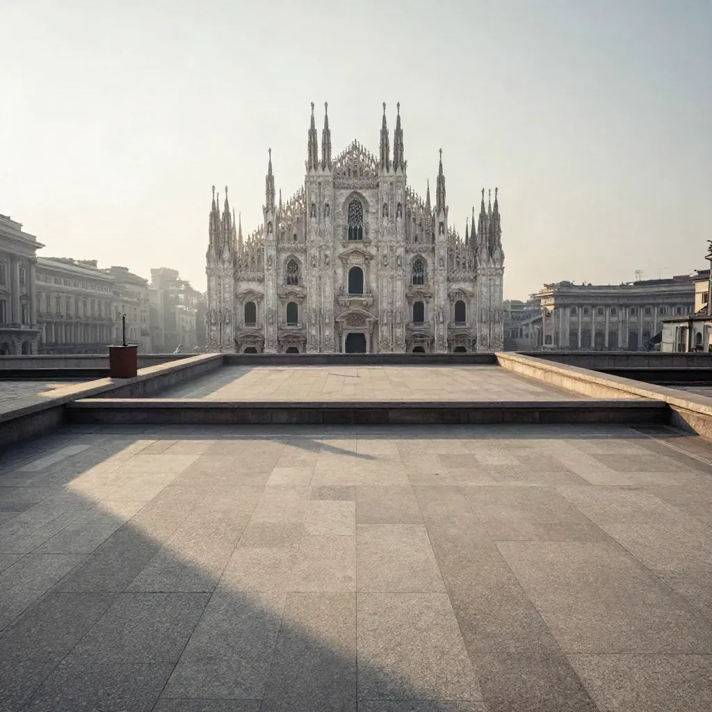Il Duomo di Milano emerge sopra la foschia mattutina con ampio spazio urbano vuoto.