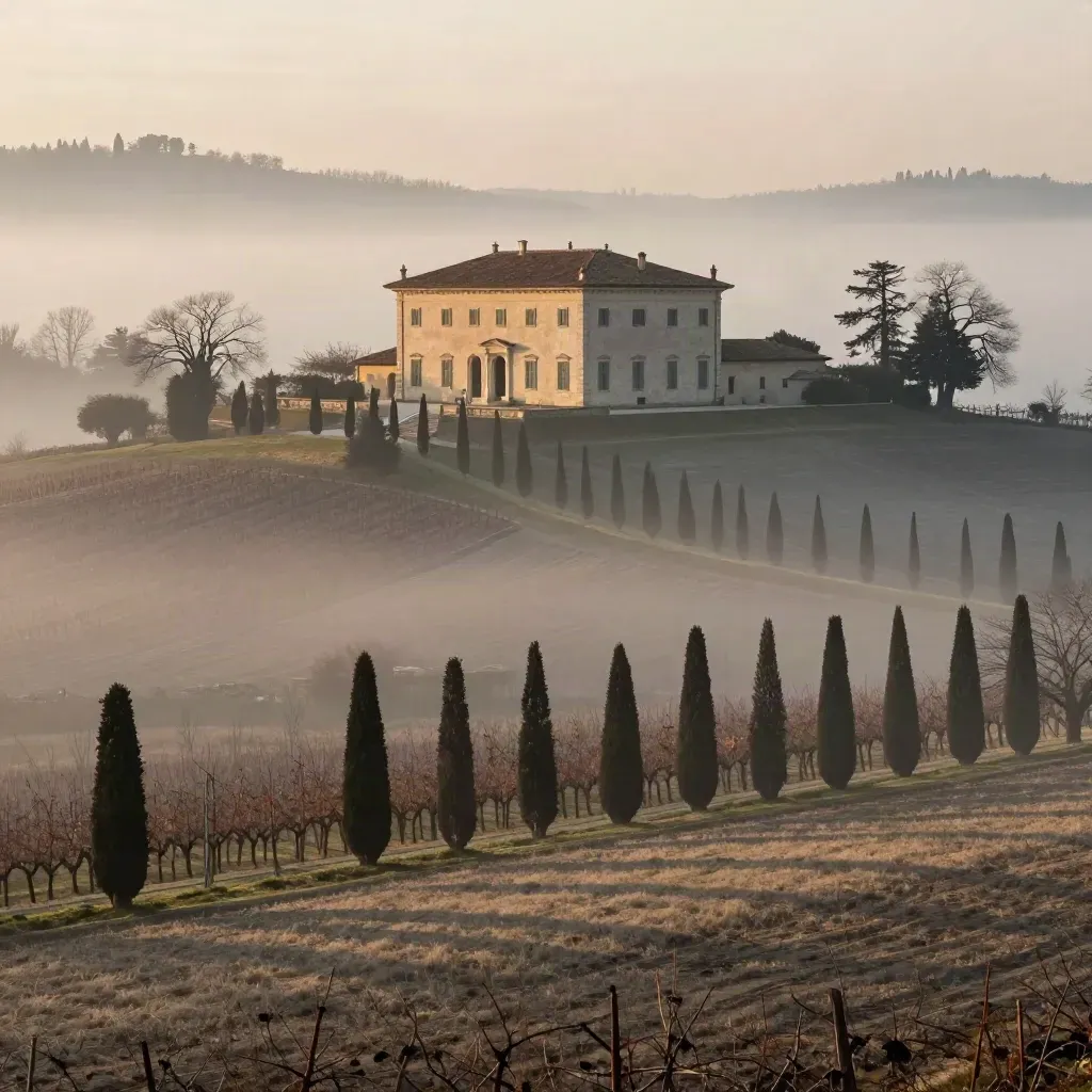 Villa palladiana nel Veneto all’alba, tra cipressi, nebbia e campi morbidi.
