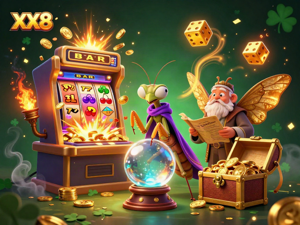 Experience the adventure of XX8 in this vibrant slot machine scene with mystical characters and fantasy elements.