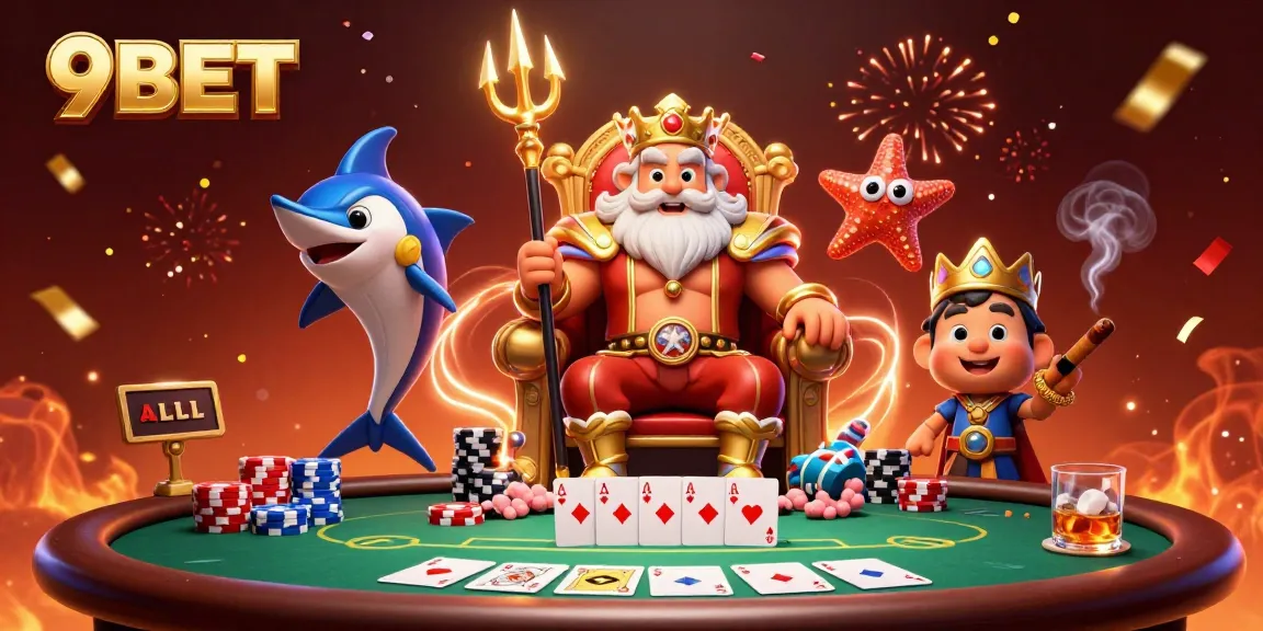 Engage with 9BET in this vibrant casino scene featuring Neptune and poker elements.