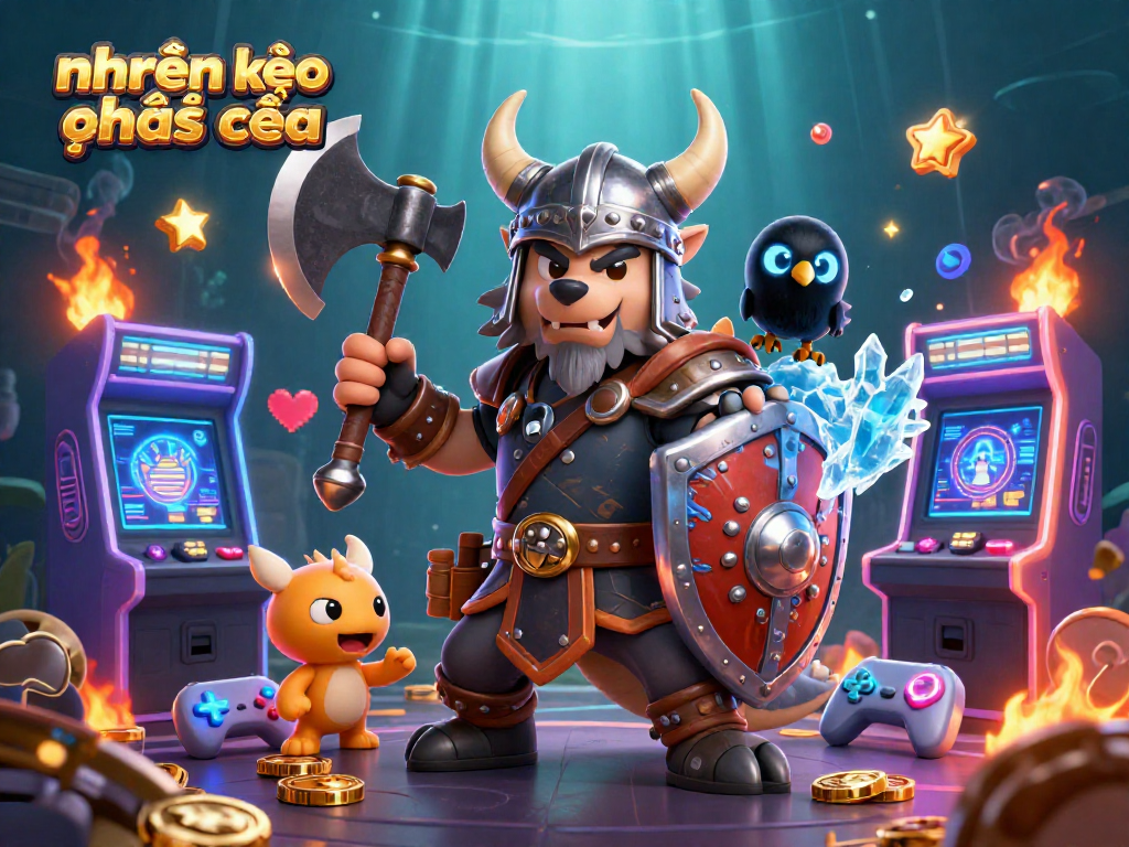 Engage in nhận định kèo nhà cái with a vibrant 3D illustration of a heroic Viking wolf and mythical creatures, set in a colorful gaming world.