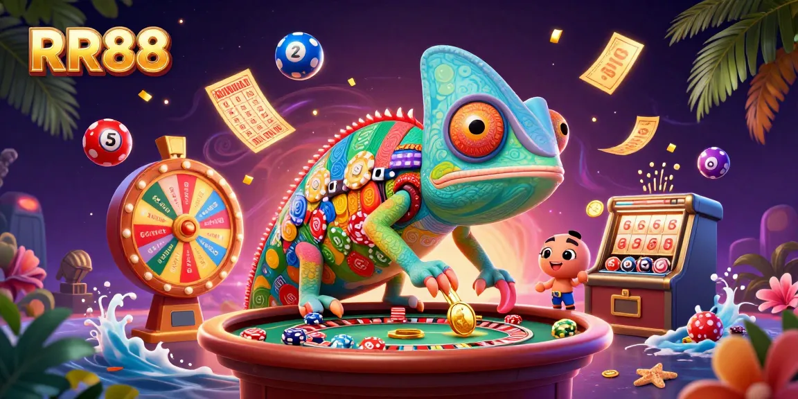 Experience the vibrant world of RR88, where a colorful chameleon captures golden winnings amidst casino excitement.