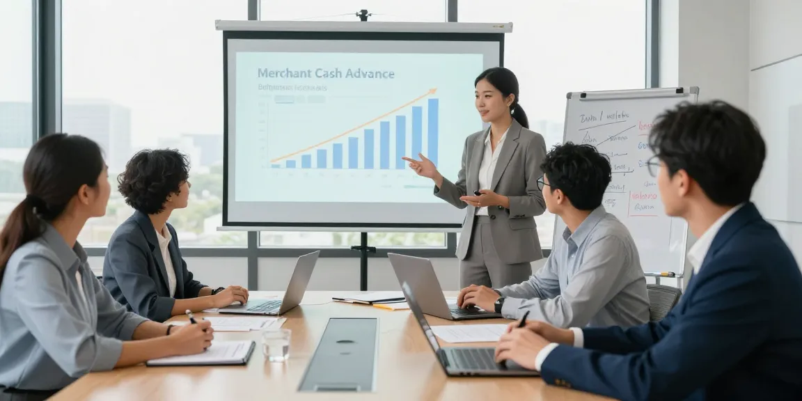 Group discussing merchant cash advance benefits in a professional setting.