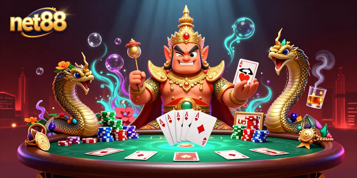 Engage with the dynamic scene of net88 showcasing a colorful poker table packed with casino elements.
