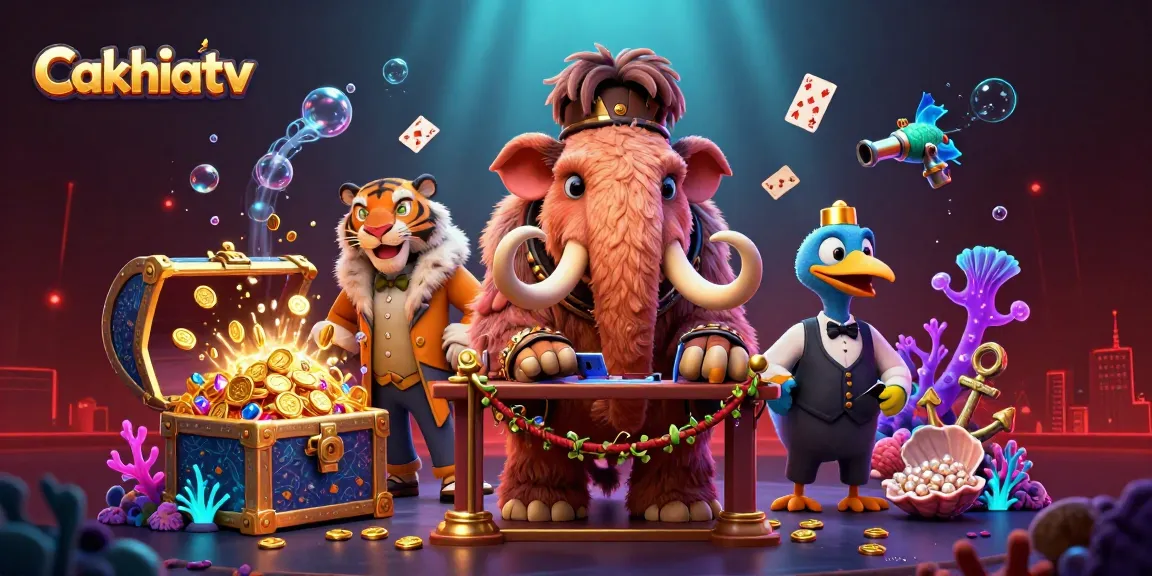 Cakhiatv’s exciting casino scene with cartoon animals and gold treasure, showcasing playful gaming elements.