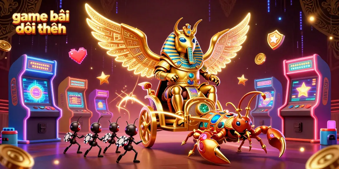 Experience the vibrant game bài đổi thưởng scene with thrilling 3D elements and colorful arcade machines.