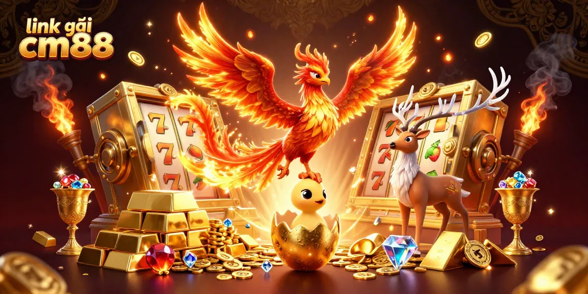 Spin to win with exciting slot reels and treasures in link vào cm88's dynamic casino illustration.