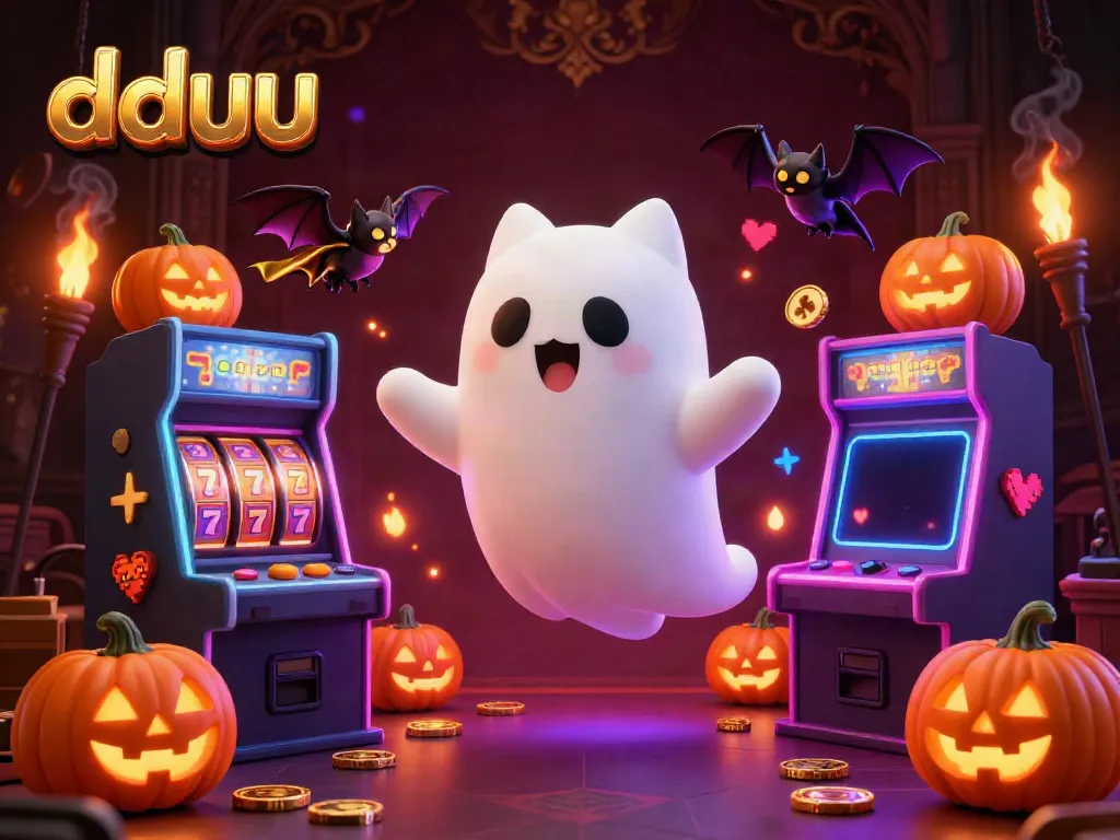 Engage with dduu's haunted casino featuring a ghost cat, vampire bat, and glowing jack-o-lanterns amid slot machines and colorful game elements.