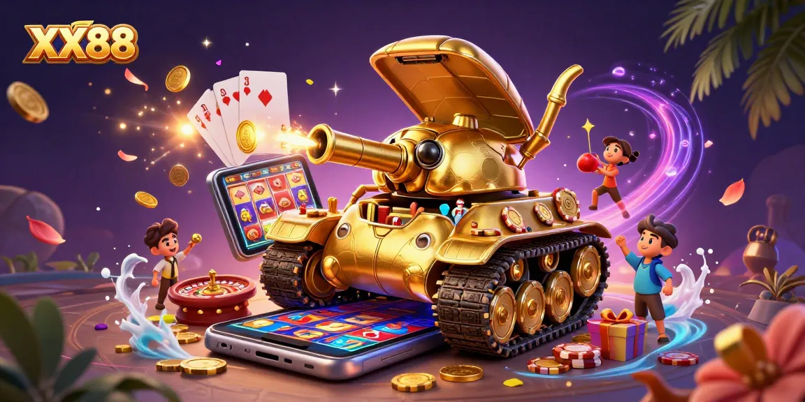 Experience thrilling gaming action at XX88 with vibrant slot games and golden coins erupting.