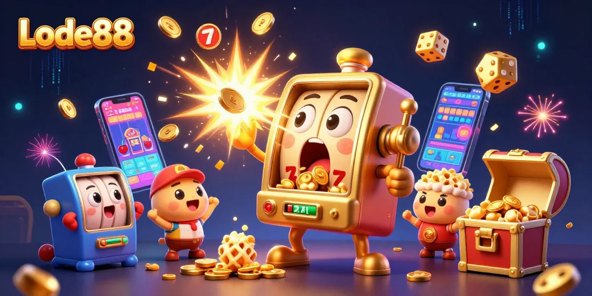 Lode88's captivating 3D scene features a lively golden slot machine celebrating a jackpot with cheering machines and vibrant casino elements.