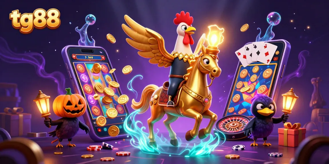 Engaging tg88 casino adventure with golden rooster, ghostly horse, and vibrant slot elements in a lively gaming atmosphere.