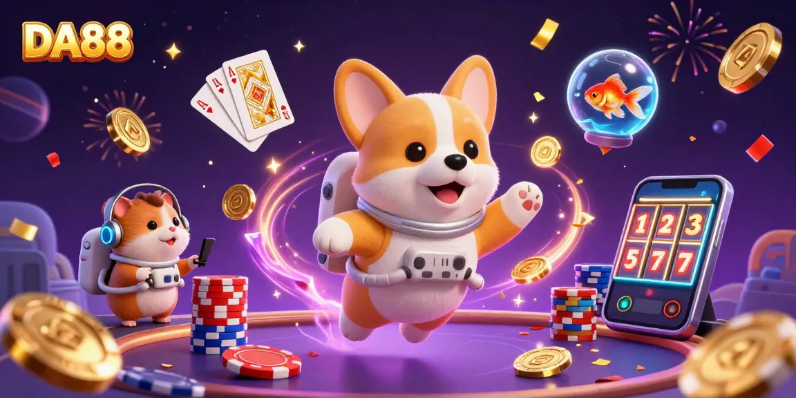 Experience fun at DA88 with a vibrant 3D scene of a floating astronaut corgi and a hamster in a casino.