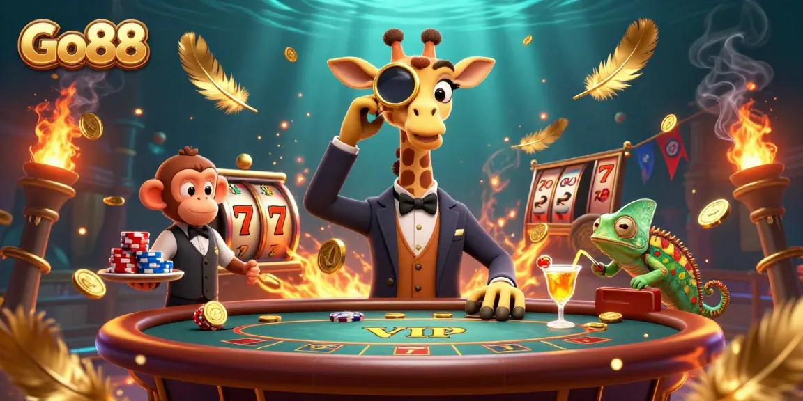 Play exciting games at Go88 with a vibrant scene of the high-roller giraffe and casino elements.