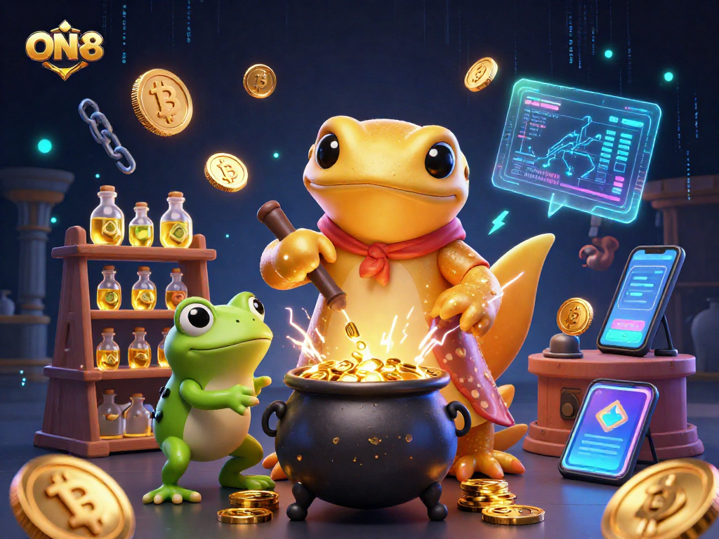 Experience the magic of ON68 with a vibrant scene of digital alchemy and cryptocurrency excitement.