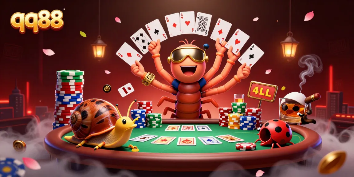 Experience thrilling poker action at qq88 with a dynamic 3D casino illustration of a millipede dealer and chip stacks.