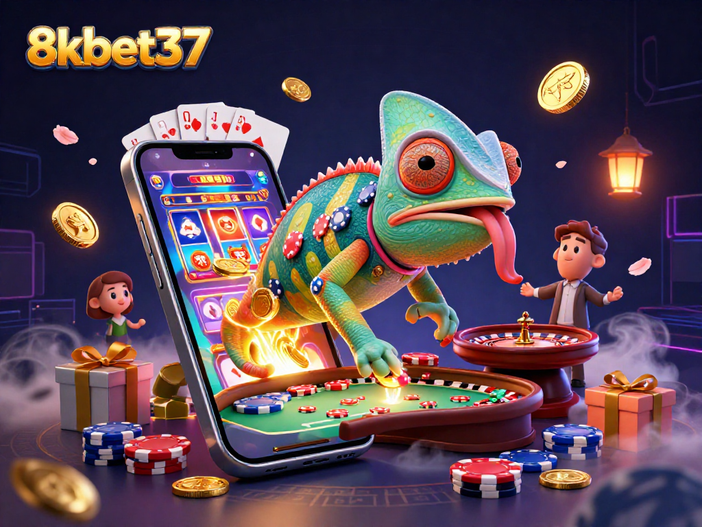 Engage with vibrant gameplay at 8kbet37, featuring a lively chameleon casino owner amid golden winnings.
