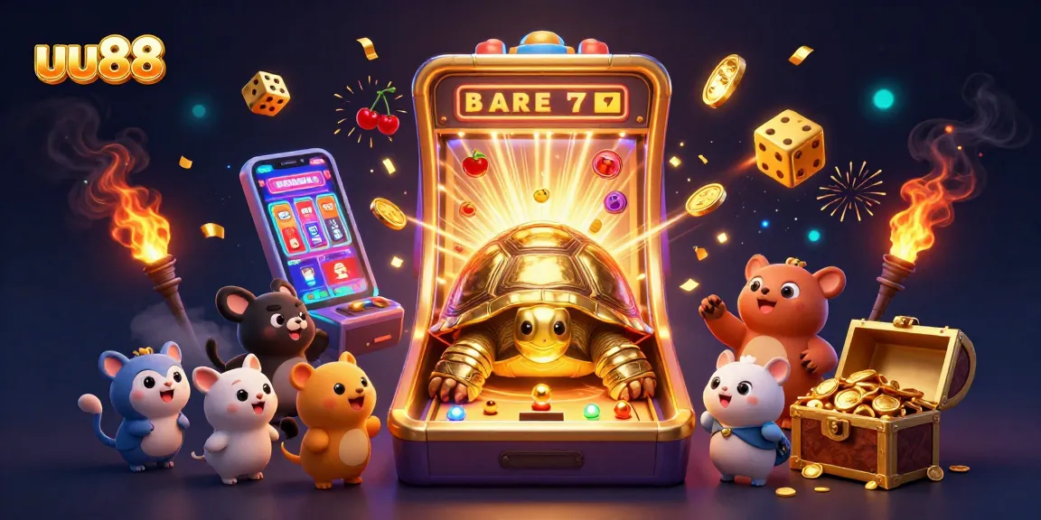 Experience thrilling slots with uu88's golden tortoise and jackpot magic in a vibrant casino scene.