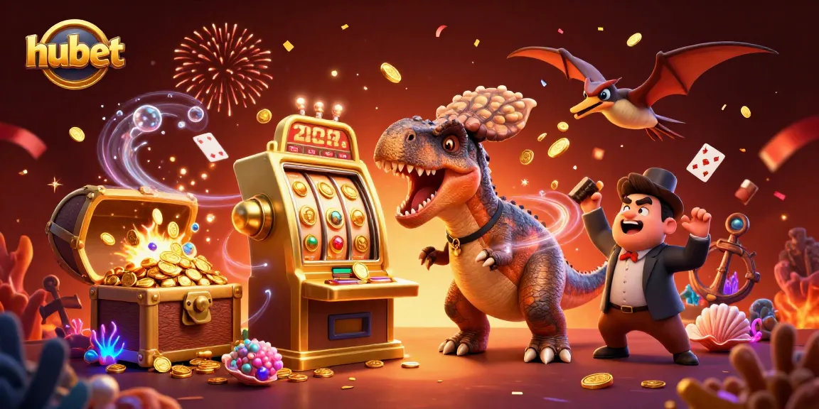 Experience exciting wins at hubet with a 3D dinosaur headbutting a golden slot machine for massive payouts!