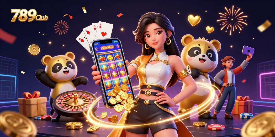 Experience the excitement of 789Club with a vibrant casino game scene featuring a smiling woman and a panda mascot.