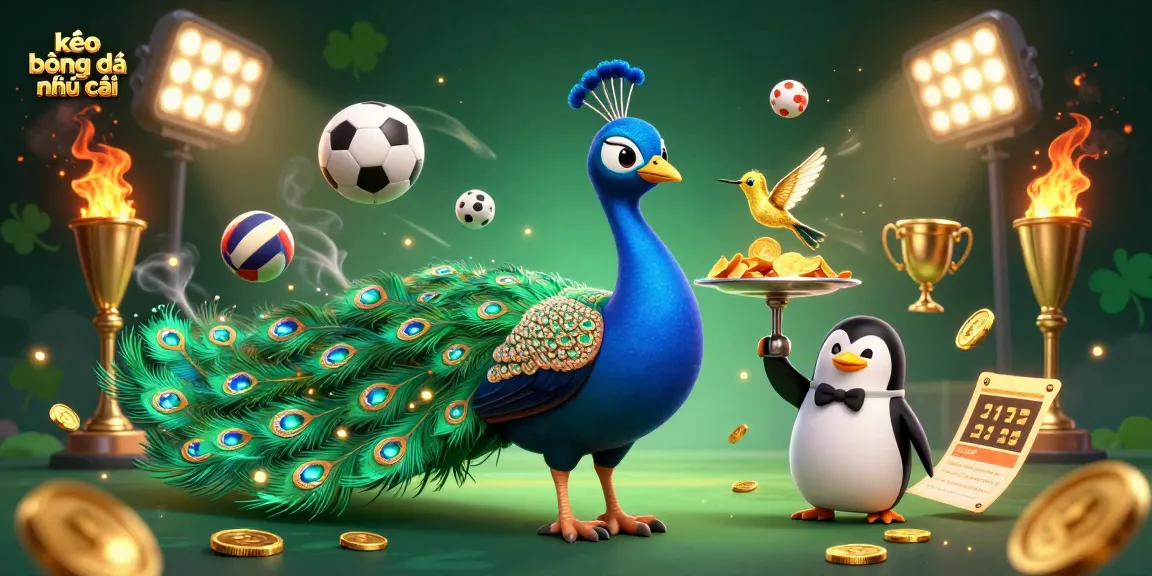 Bet on kèo bóng đá nhà cái with an engaging scene featuring a peacock, penguin, and sports elements.
