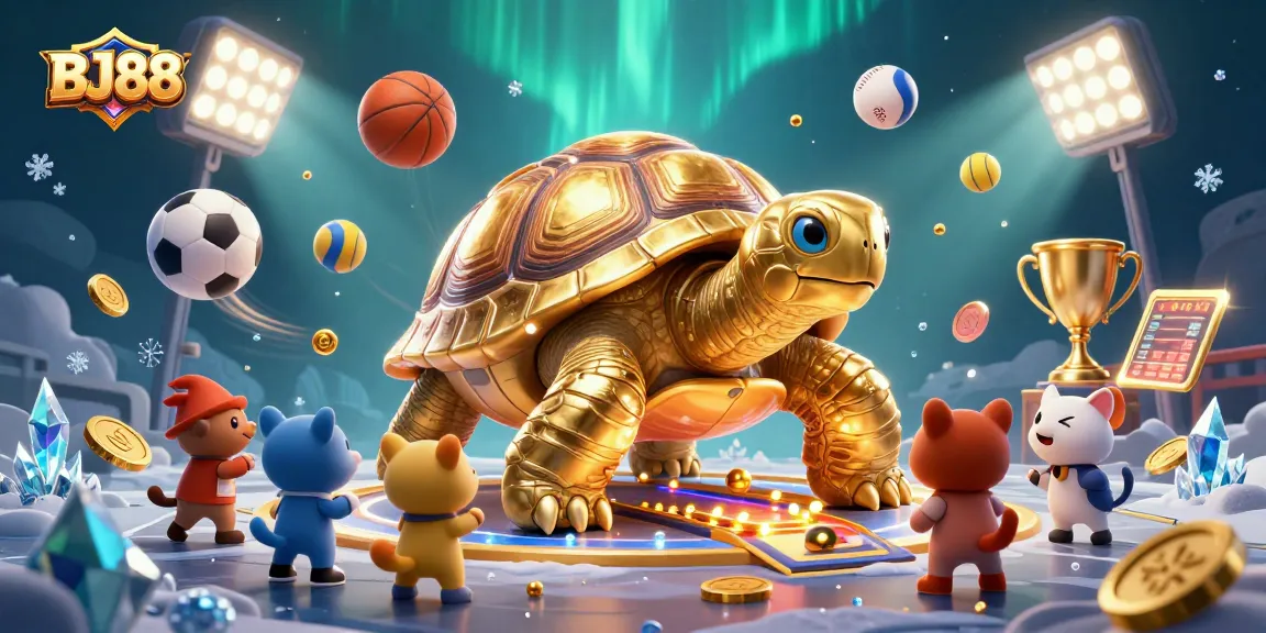 BJ88 casino art showcasing a golden tortoise pinball machine surrounded by sports betting elements.