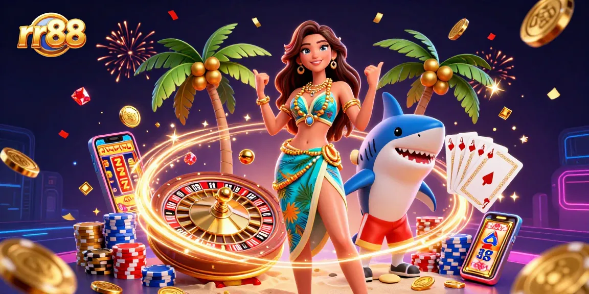 Play thrilling games at rr88, featuring a vibrant casino scene with a glamorous woman and playful shark.