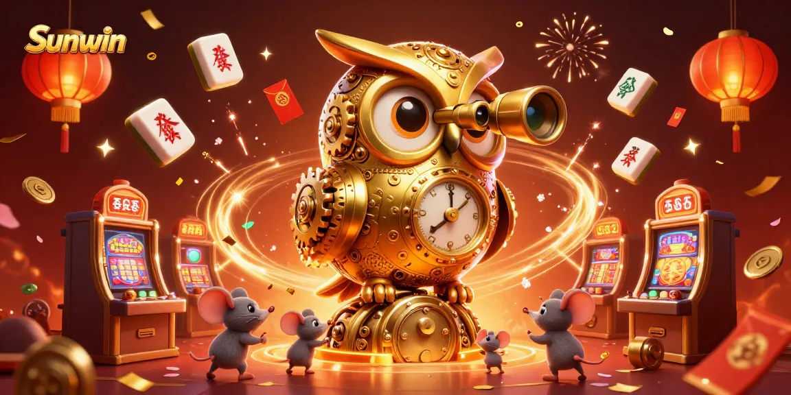 Experience Sunwin's immersive casino world with our 3D illustration of a golden owl overseeing bustling slot machines.