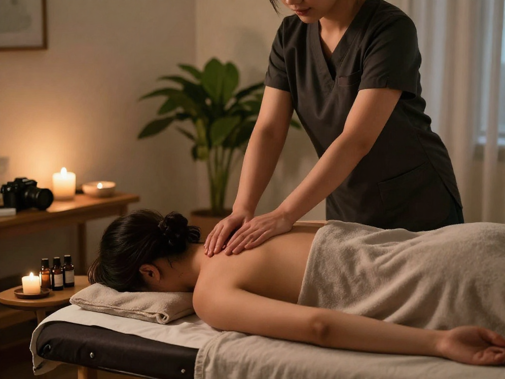Enjoying a soothing 출장마사지 at home with a professional therapist.