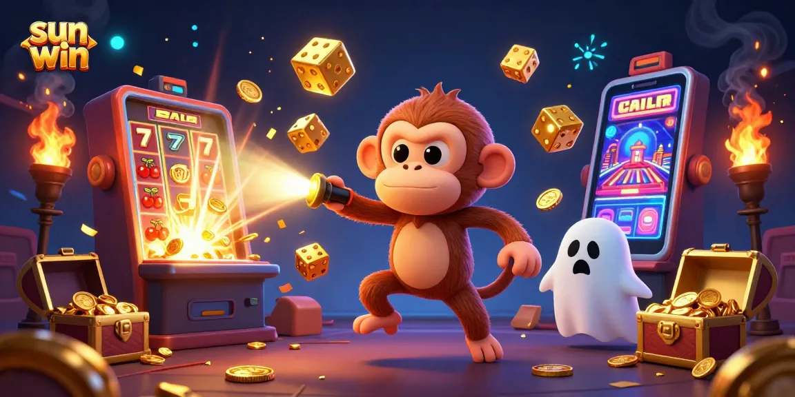 Exciting sun win scene illustrating a playful poltergeist monkey juggling golden coins in a vibrant casino.