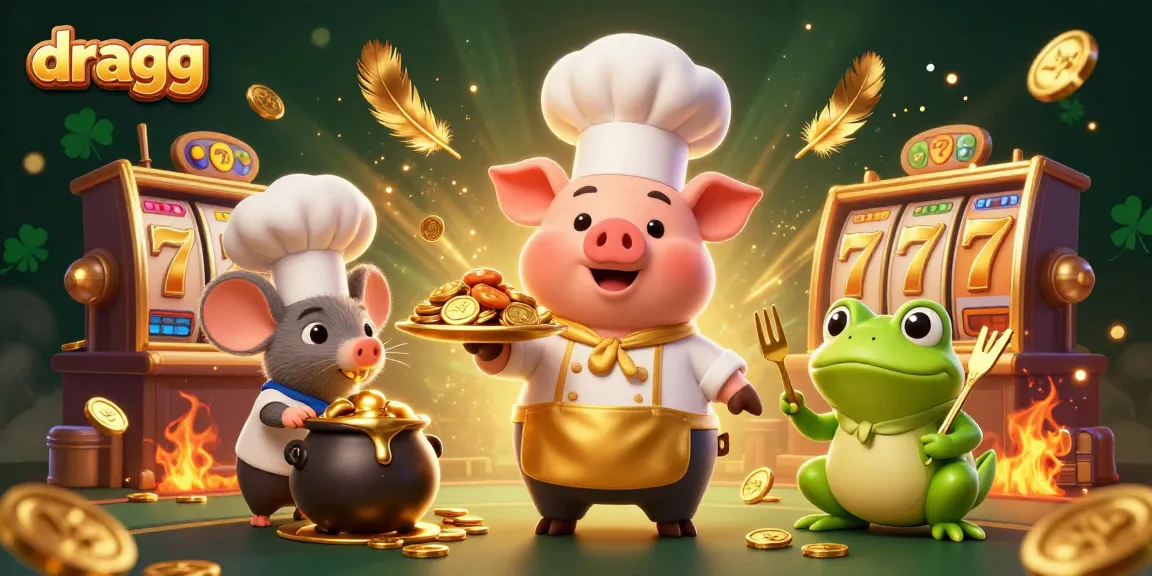 Experience thrilling gaming at dragg with our cartoon chef pig serving gold coins in a vibrant casino