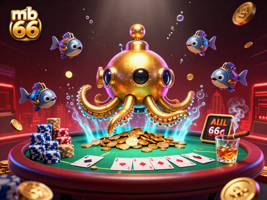 Experience the thrill of winning on mb 66 with a vibrant 3D illustration showcasing a golden kraken submarine amidst poker elements.
