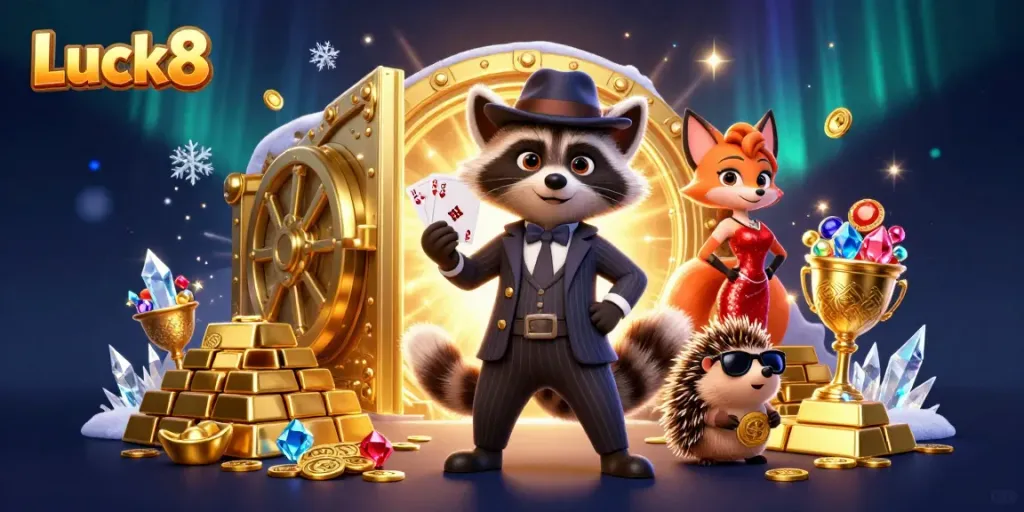 Experience the excitement of Luck8 with a suave raccoon, a charming fox, and a hedgehog at a vibrant casino.