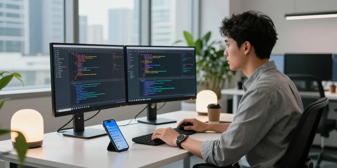 Download Telegram and explore a modern tech workspace where a developer codes seamlessly across multiple screens.