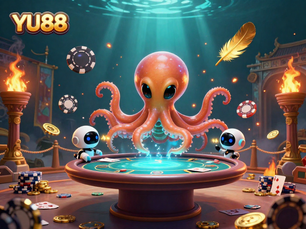 Engage in thrilling poker action with YU88, where an alien octopus runs a holographic table with excitement.