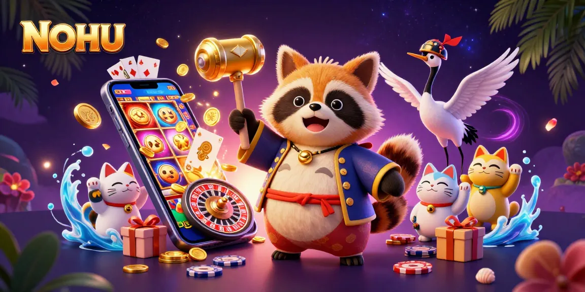 Spin the slots with NOHU's vibrant maneki-neko and cheerful tanuki in a dynamic casino scene.