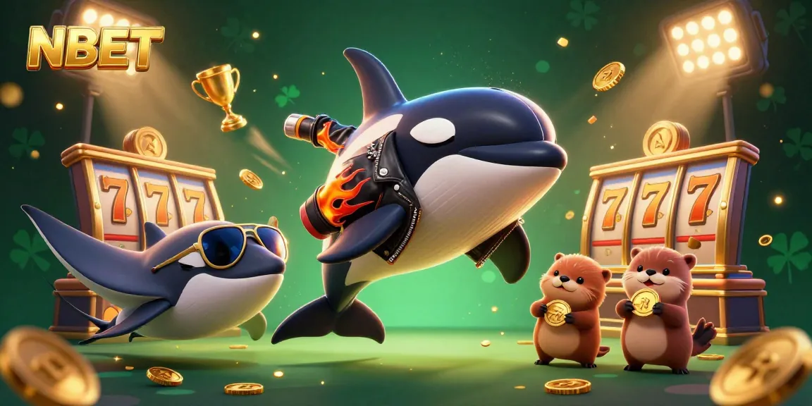 Engage with the vibrant scene showcasing NBET themes, featuring a dynamic whale, a cool stingray, and otters with coins.