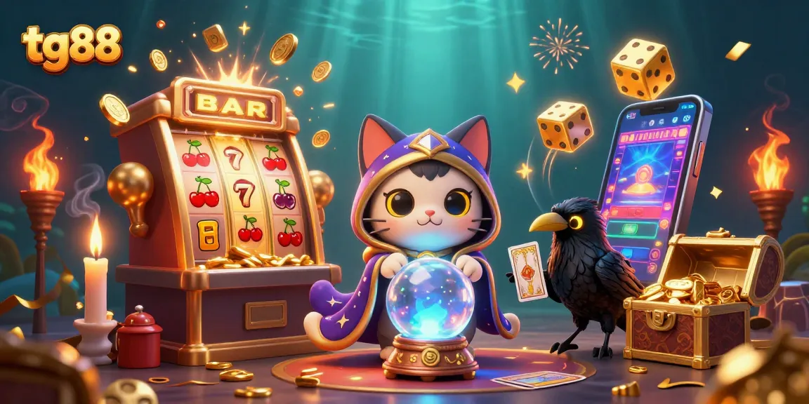 Experience thrilling tg88 jackpots with a mystical cat, raven, and vibrant casino elements.