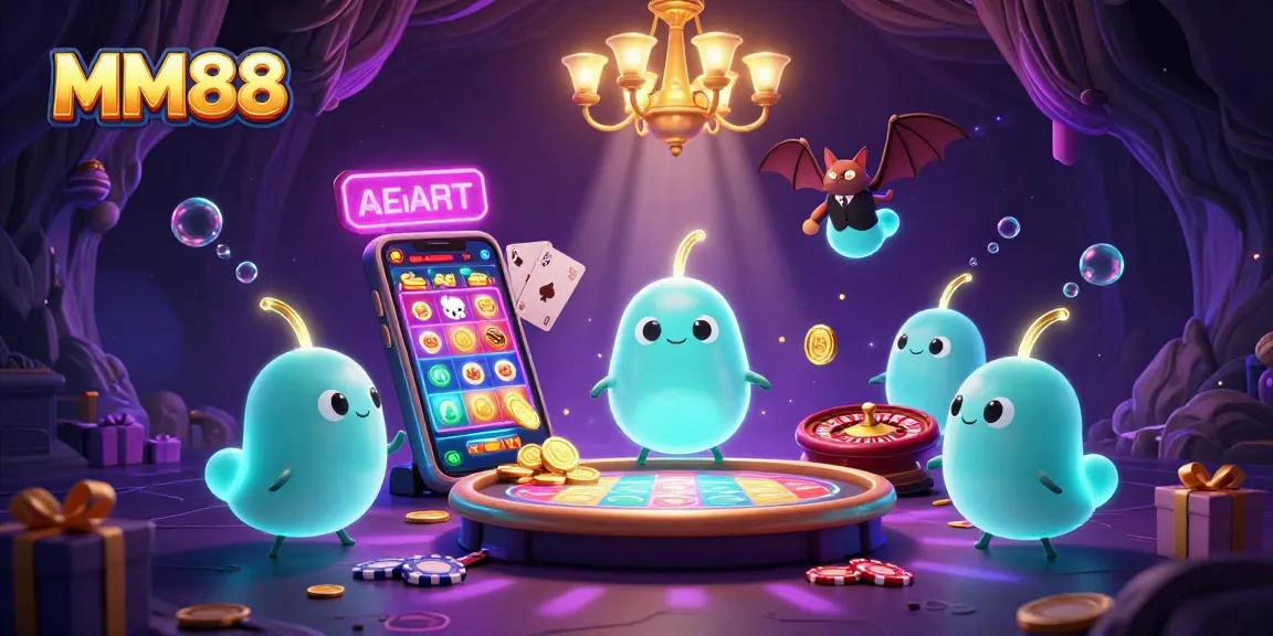 Experience thrilling gameplay at MM88 with a vibrant casino scene featuring glowworms and a bat dealer.