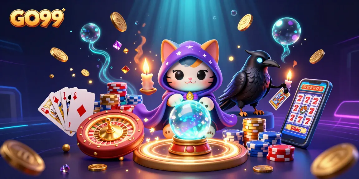Experience the magic as GO99's mystic cat predicts wins among dazzling casino elements.